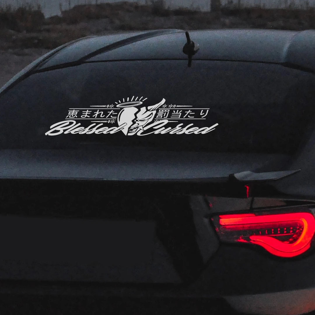 JDM Rear Window Car Decal Windshield Sticker Banner Rocker Side Back Window Oni Blessed Cursed Bad Luck Kanji Heart Angel