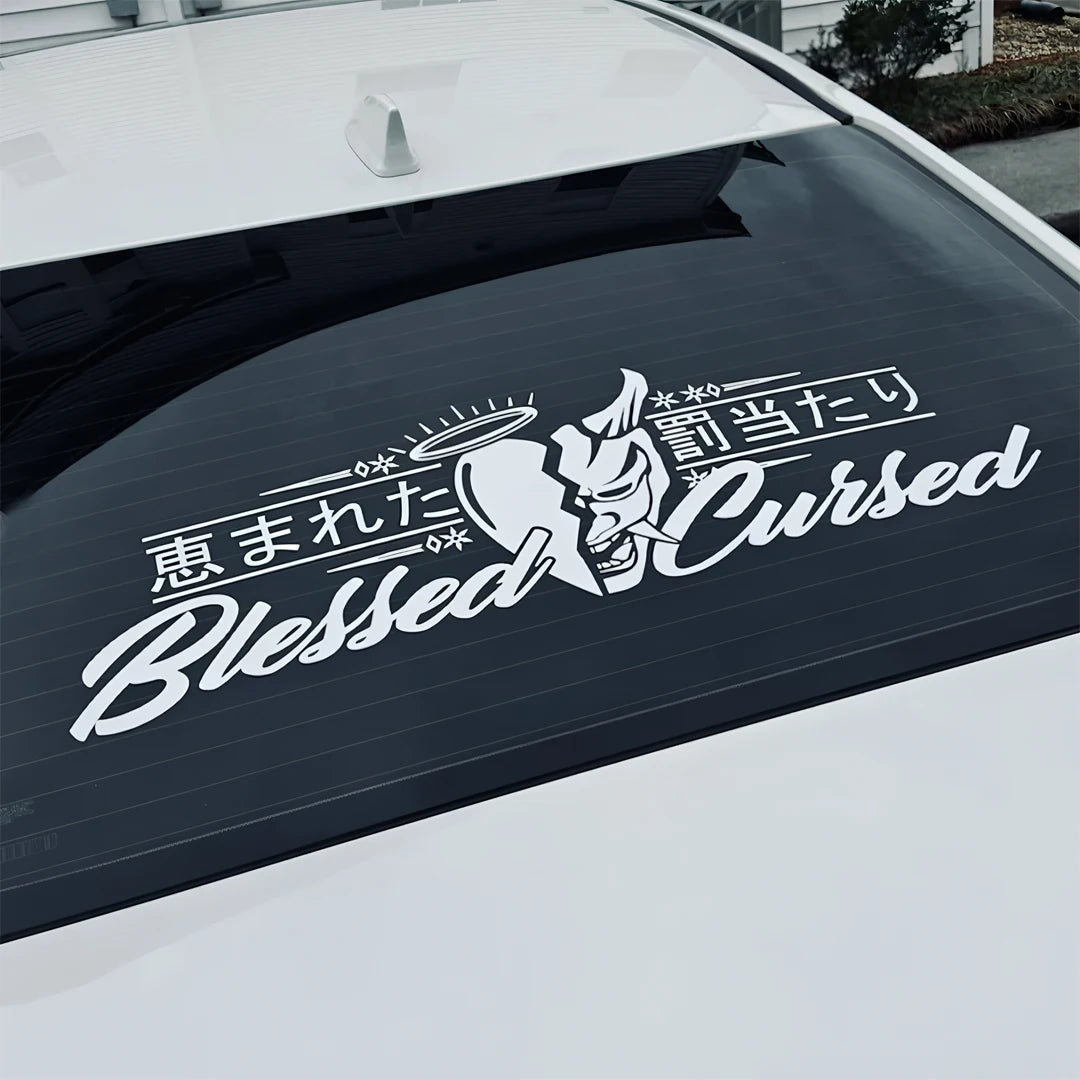 JDM Rear Window Car Decal Windshield Sticker Banner Rocker Side Back Window Oni Blessed Cursed Bad Luck Kanji Heart Angel