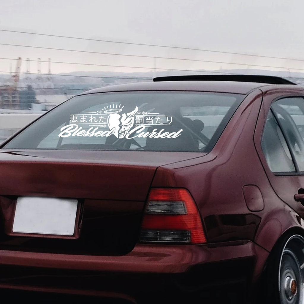 JDM Rear Window Car Decal Windshield Sticker Banner Rocker Side Back Window Oni Blessed Cursed Bad Luck Kanji Heart Angel